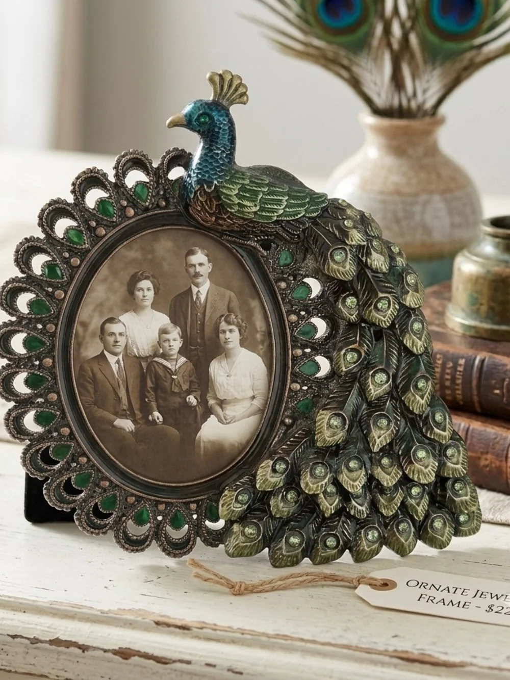 PIER 1 IMPORTS Jeweled Peacock Picture Frame Enamel Rhinestone Metal